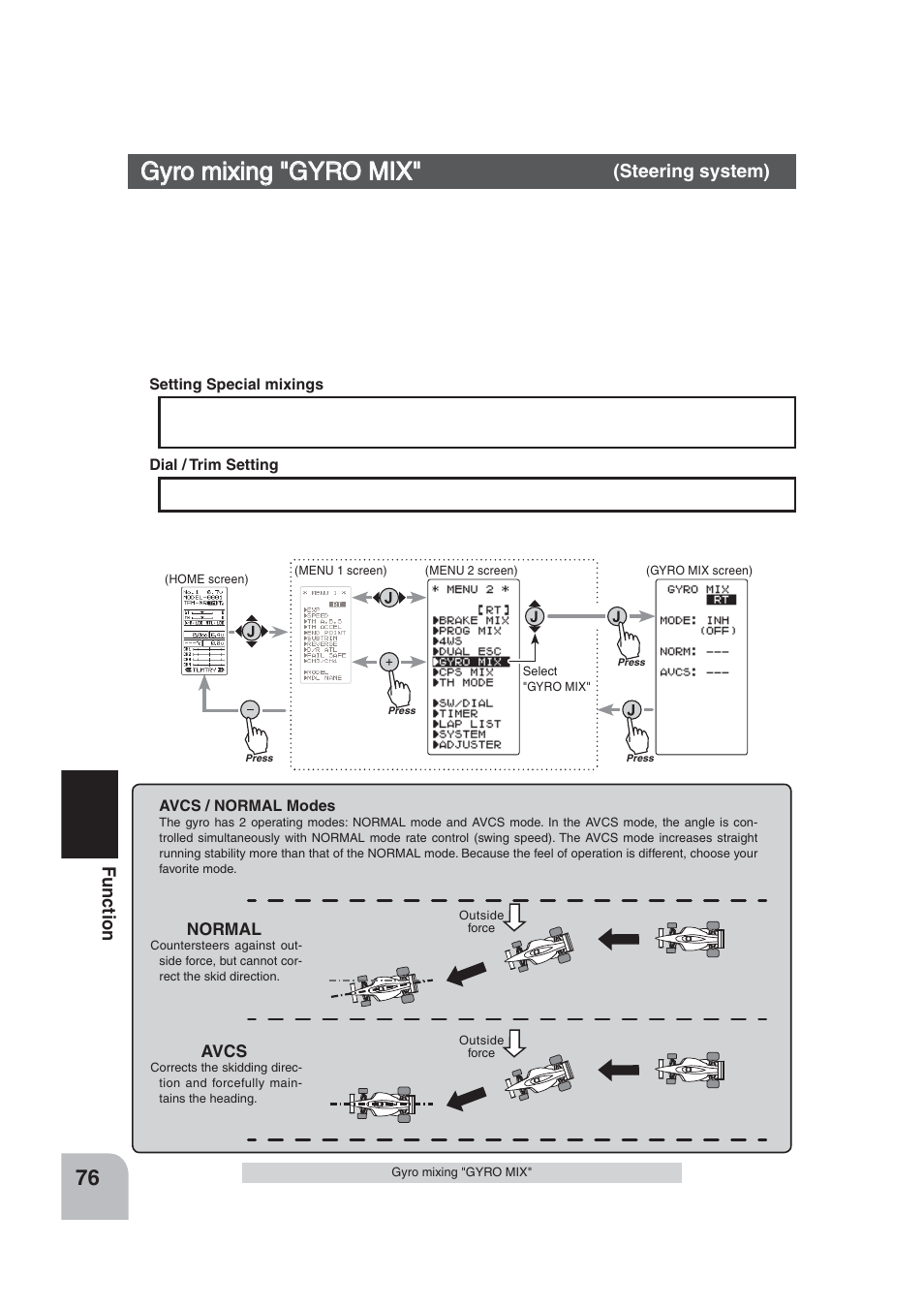 Gyro mixing "gyro mix, Display "gyro mix" screen by the following method | Futaba 4PLS 2.4GHz FHSS User Manual | Page 76 / 121