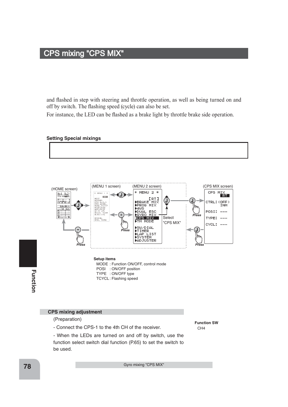 Cps mixing "cps mix, Fu n c tio n | Futaba 4PLS 2.4GHz FHSS User Manual | Page 78 / 121