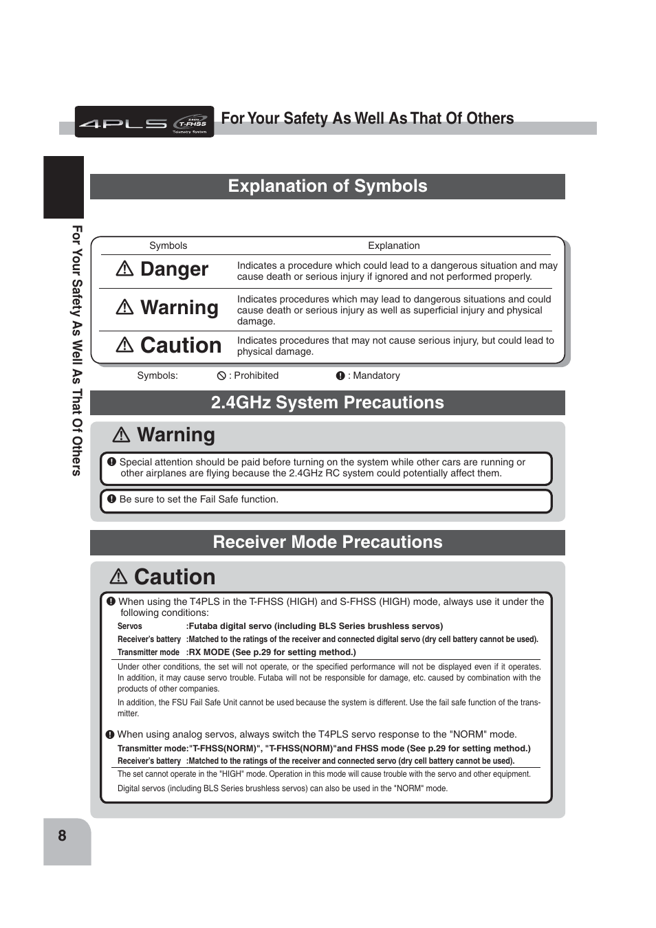 Caution, Warning, Danger | Explanation of symbols, 4ghz system precautions, Receiver mode precautions, For your safety as well as that of others | Futaba 4PLS 2.4GHz FHSS User Manual | Page 8 / 121