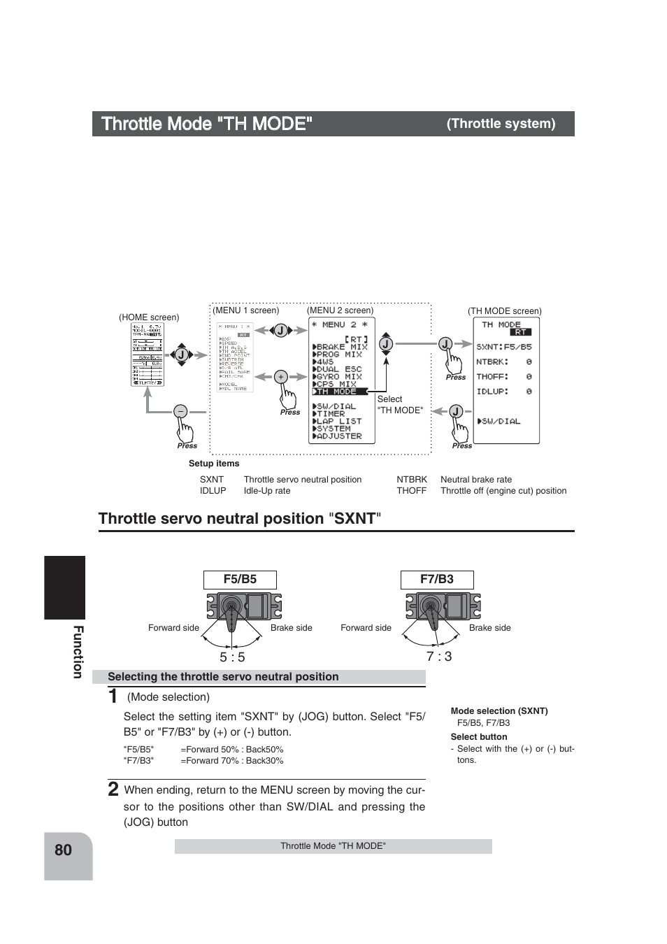 Throttle mode "th mode, Throttle servo neutral position " sxnt, Fu n c tio n | Throttle system), Display "th mode" screen by the following method | Futaba 4PLS 2.4GHz FHSS User Manual | Page 80 / 121