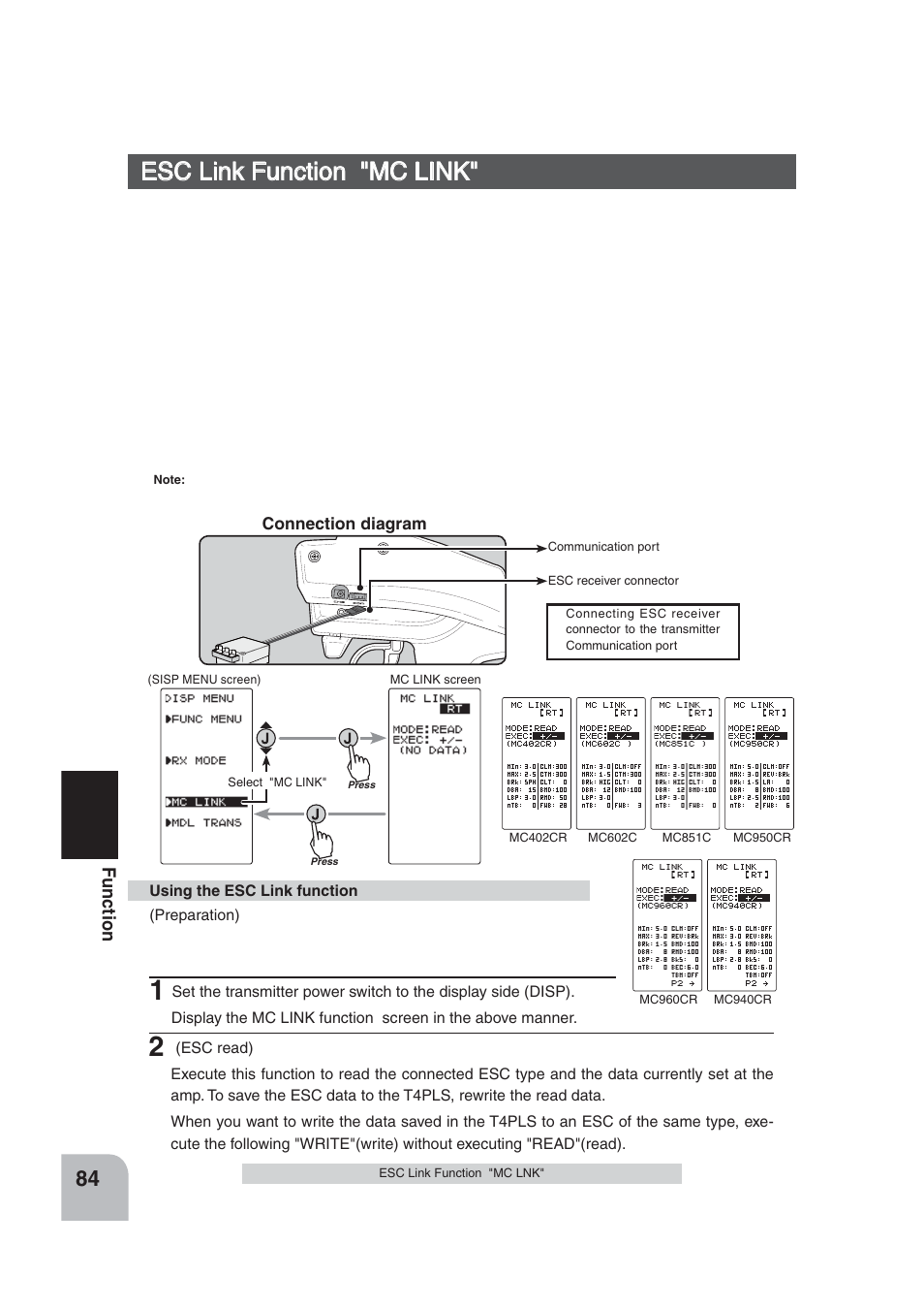 Esc link function "mc link, Fu n c tio n | Futaba 4PLS 2.4GHz FHSS User Manual | Page 84 / 121
