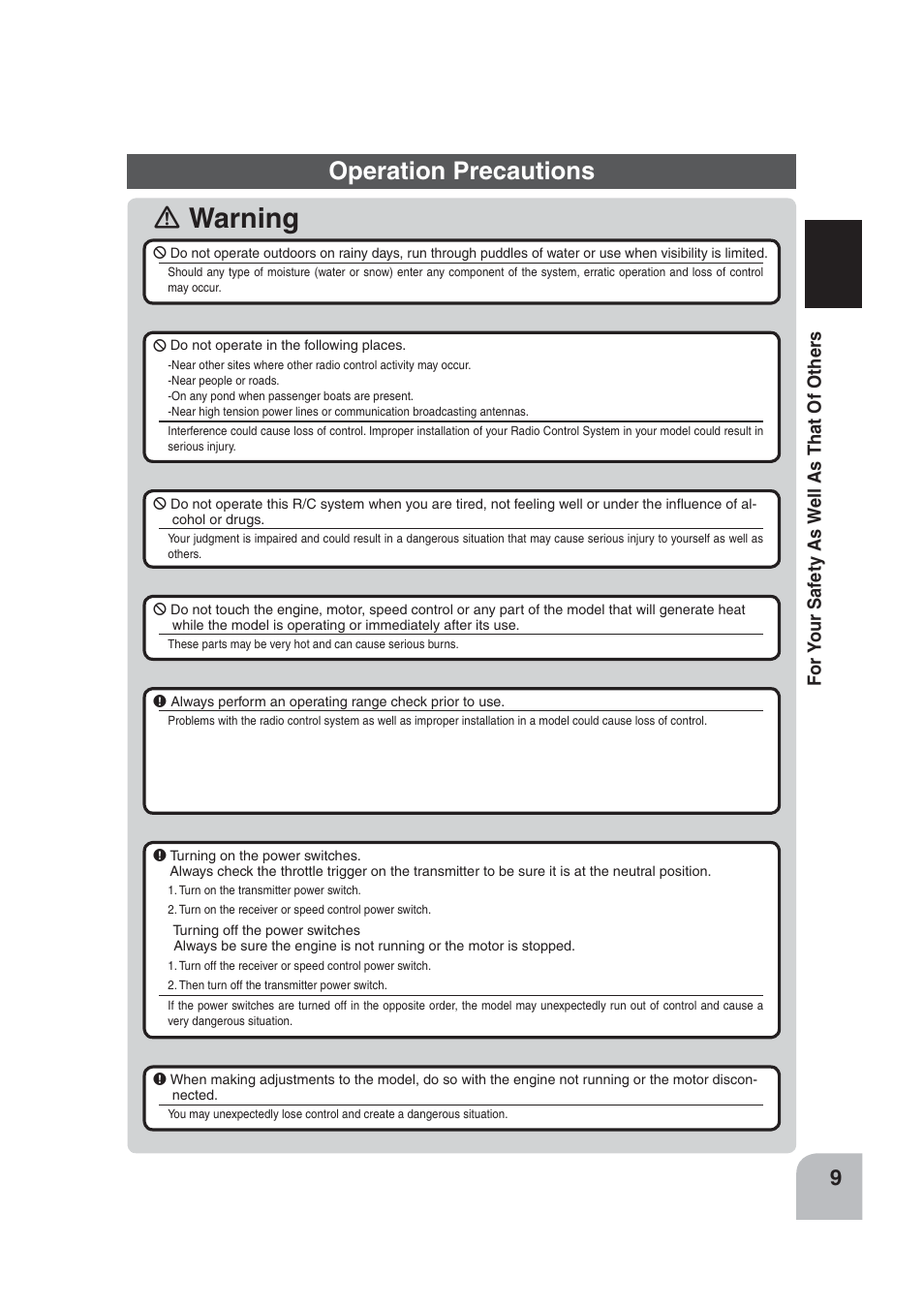 Warning, Operation precautions | Futaba 4PLS 2.4GHz FHSS User Manual | Page 9 / 121