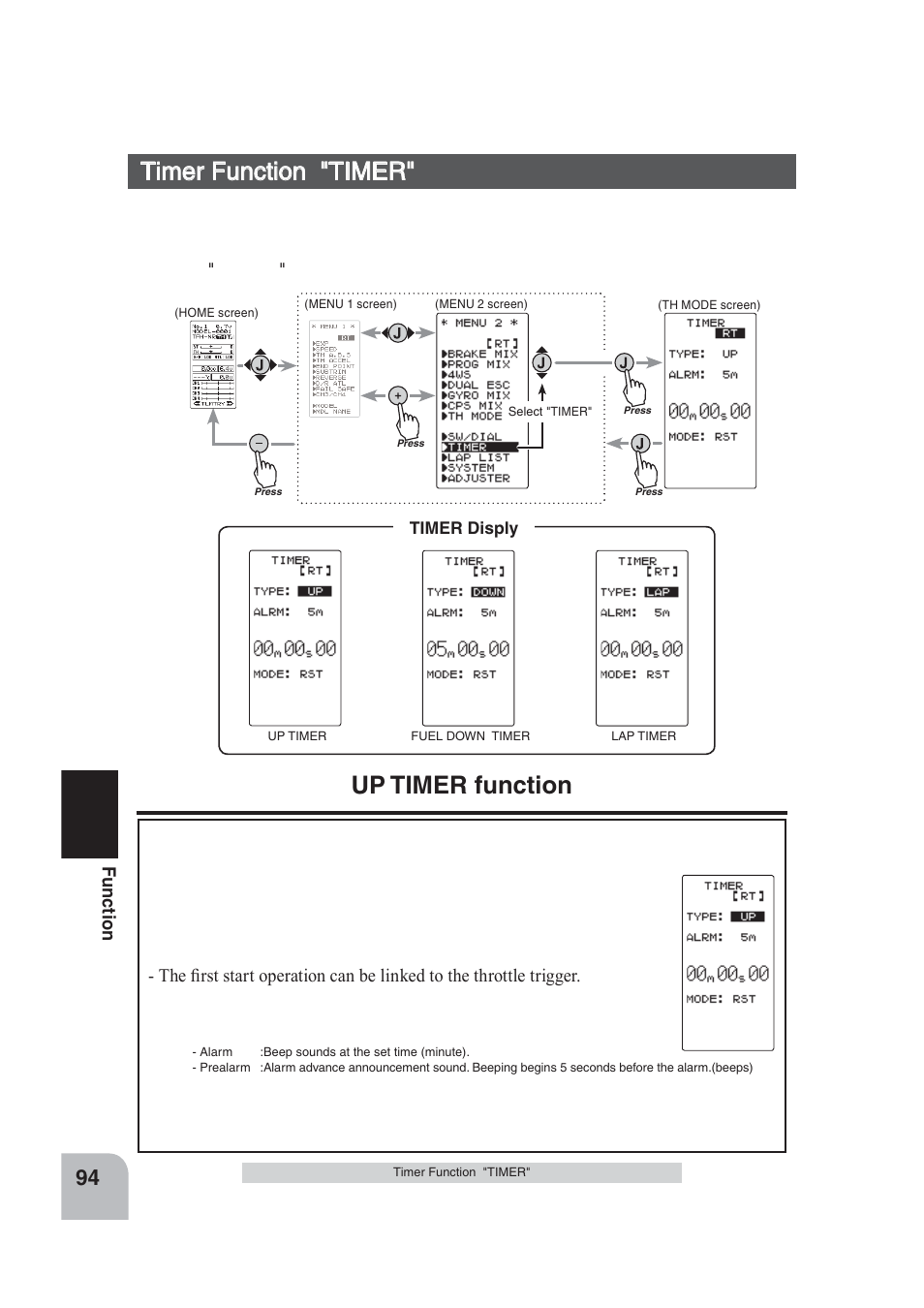 Timer function "timer, Up timer function, Fu n c tio n | Futaba 4PLS 2.4GHz FHSS User Manual | Page 94 / 121