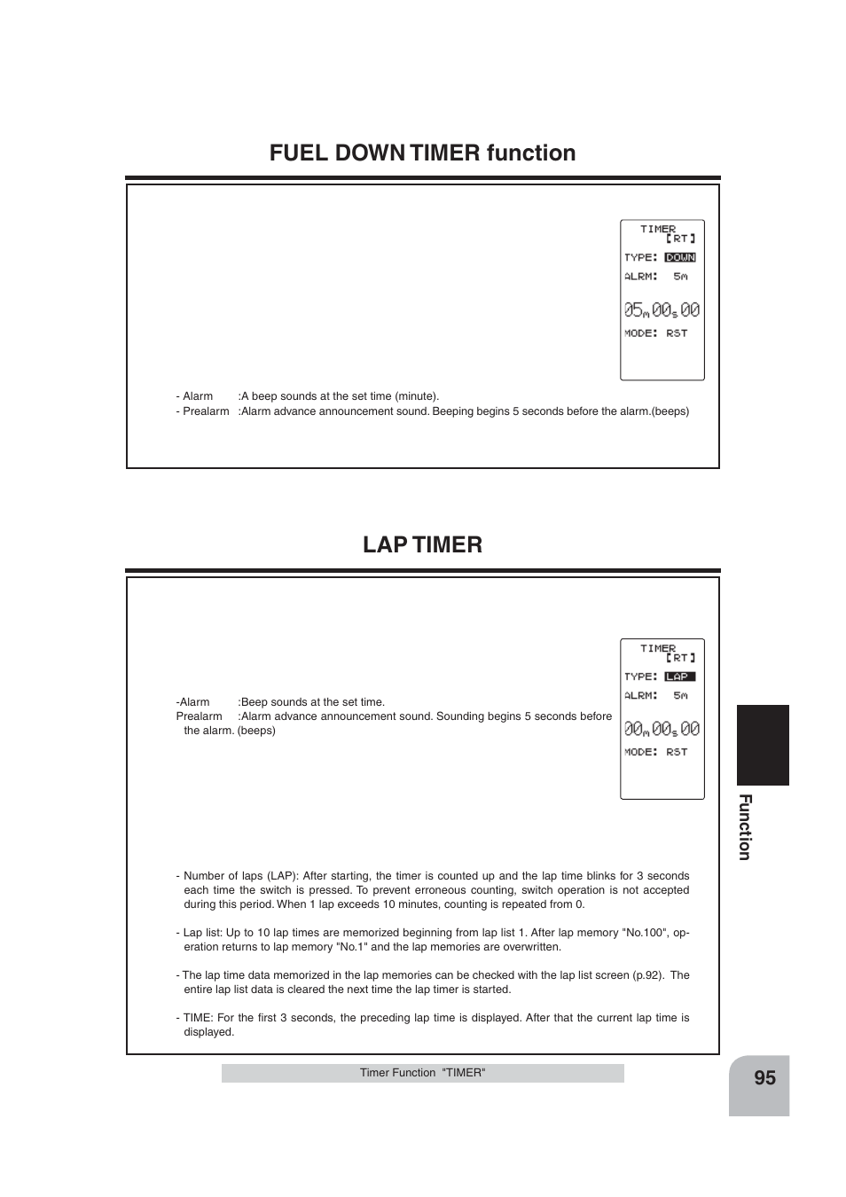 Fuel down timer function, Lap timer | Futaba 4PLS 2.4GHz FHSS User Manual | Page 95 / 121