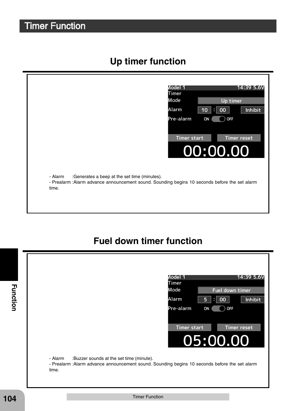 Timer function, Up timer function, Fuel down timer function | Futaba 4PX 2.4GHz FASST T-FHSS S-FHSS User Manual | Page 104 / 164