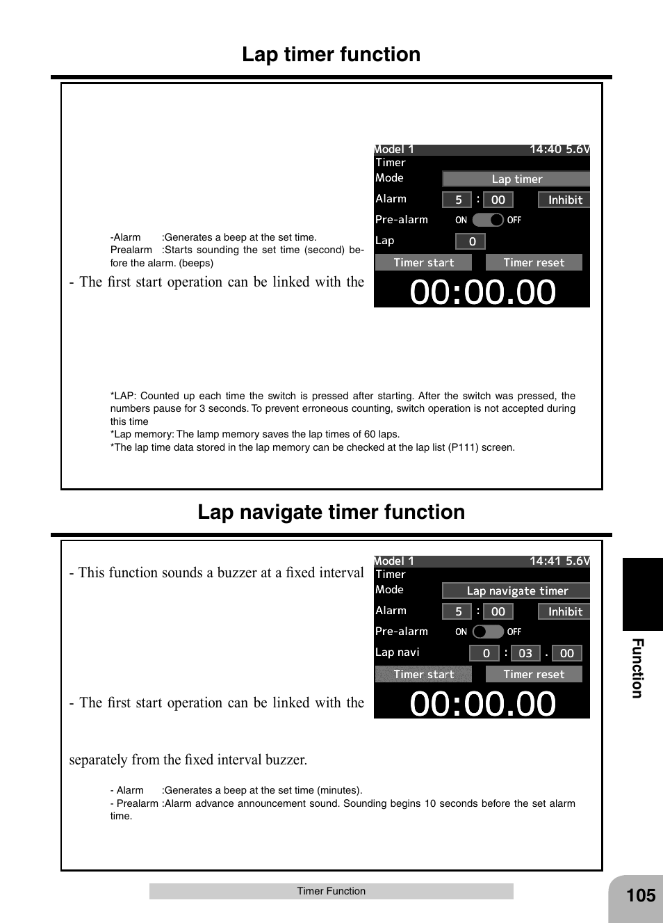 Lap timer function, Lap navigate timer function | Futaba 4PX 2.4GHz FASST T-FHSS S-FHSS User Manual | Page 105 / 164