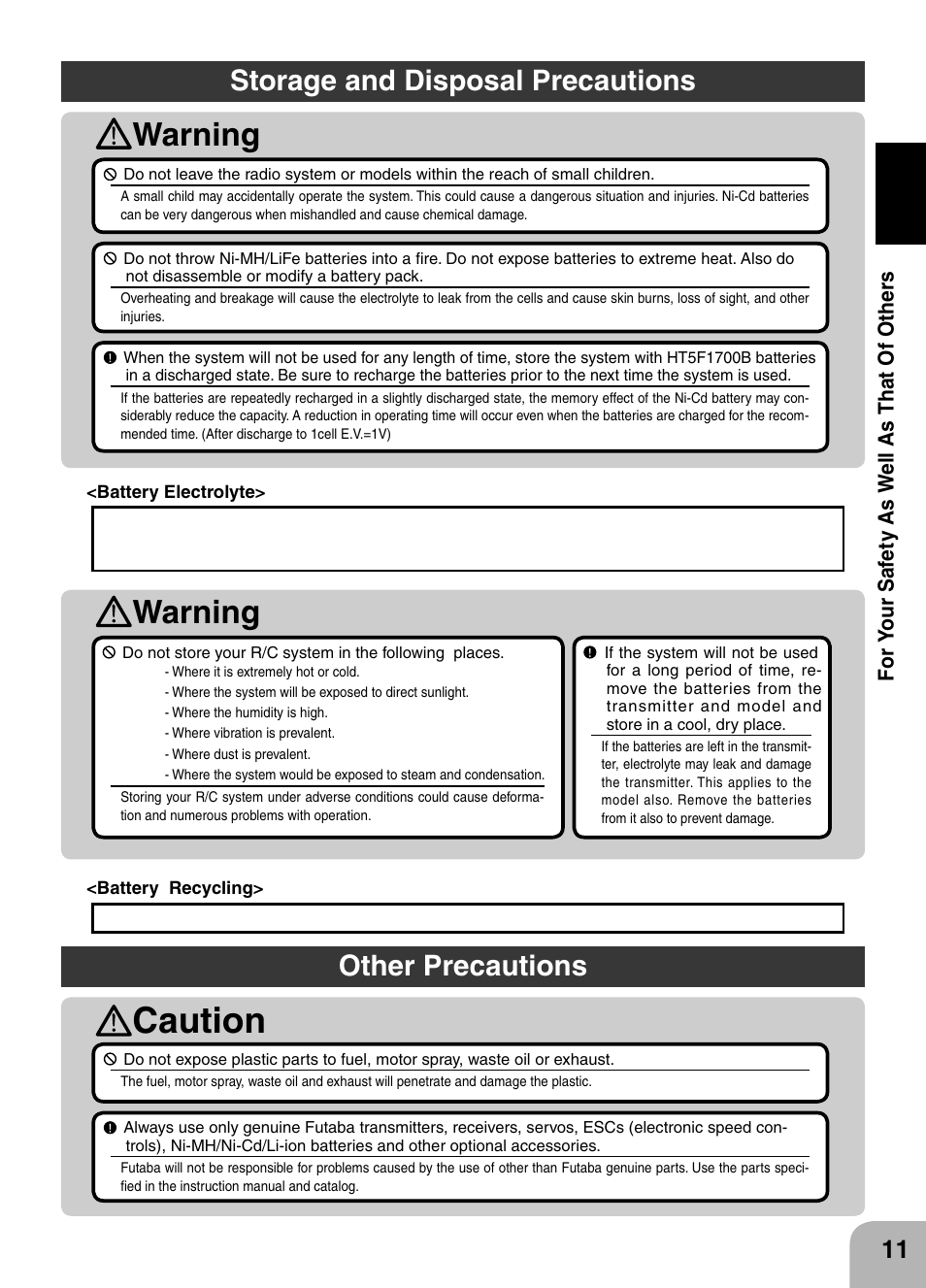 Caution, Warning, Storage and disposal precautions | Other precautions | Futaba 4PX 2.4GHz FASST T-FHSS S-FHSS User Manual | Page 11 / 164