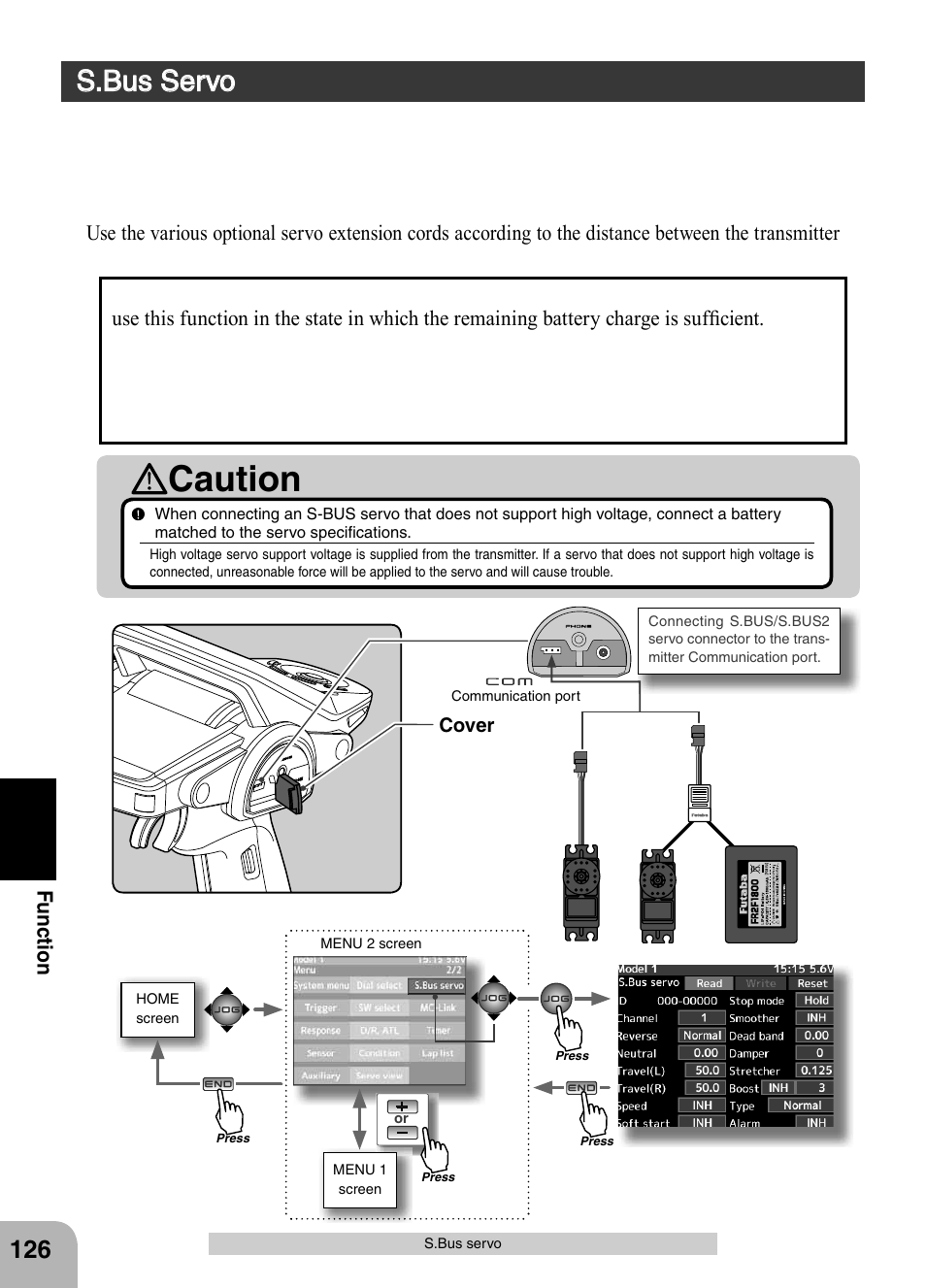 Caution, S.bus servo, Fu n c tio n | Futaba 4PX 2.4GHz FASST T-FHSS S-FHSS User Manual | Page 126 / 164