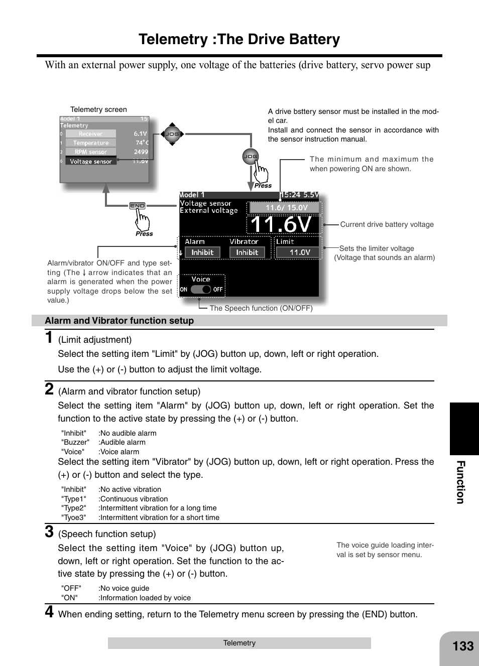 Telemetry :the drive battery, Fu n c tio n | Futaba 4PX 2.4GHz FASST T-FHSS S-FHSS User Manual | Page 133 / 164