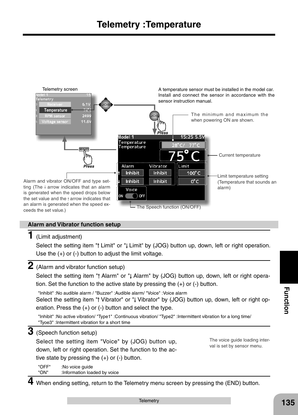 Telemetry :temperature, Fu n c tio n | Futaba 4PX 2.4GHz FASST T-FHSS S-FHSS User Manual | Page 135 / 164