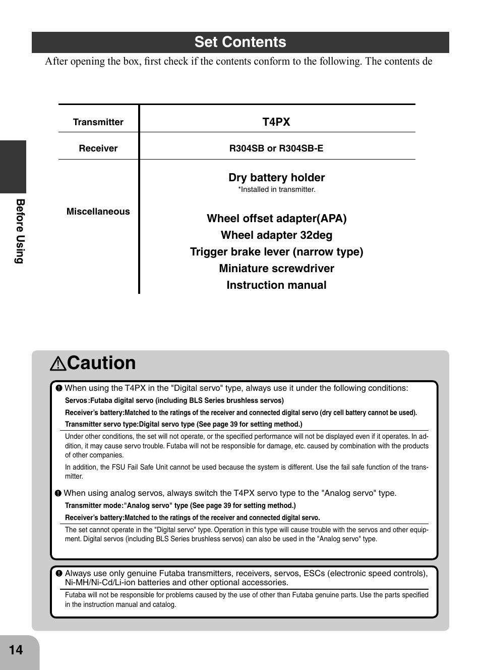 Caution, Set contents | Futaba 4PX 2.4GHz FASST T-FHSS S-FHSS User Manual | Page 14 / 164