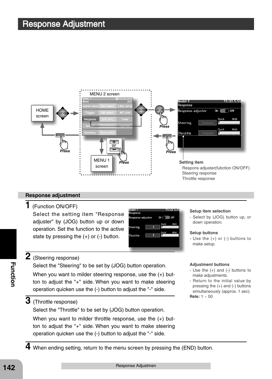 Response adjustment, Fu n c tio n | Futaba 4PX 2.4GHz FASST T-FHSS S-FHSS User Manual | Page 142 / 164