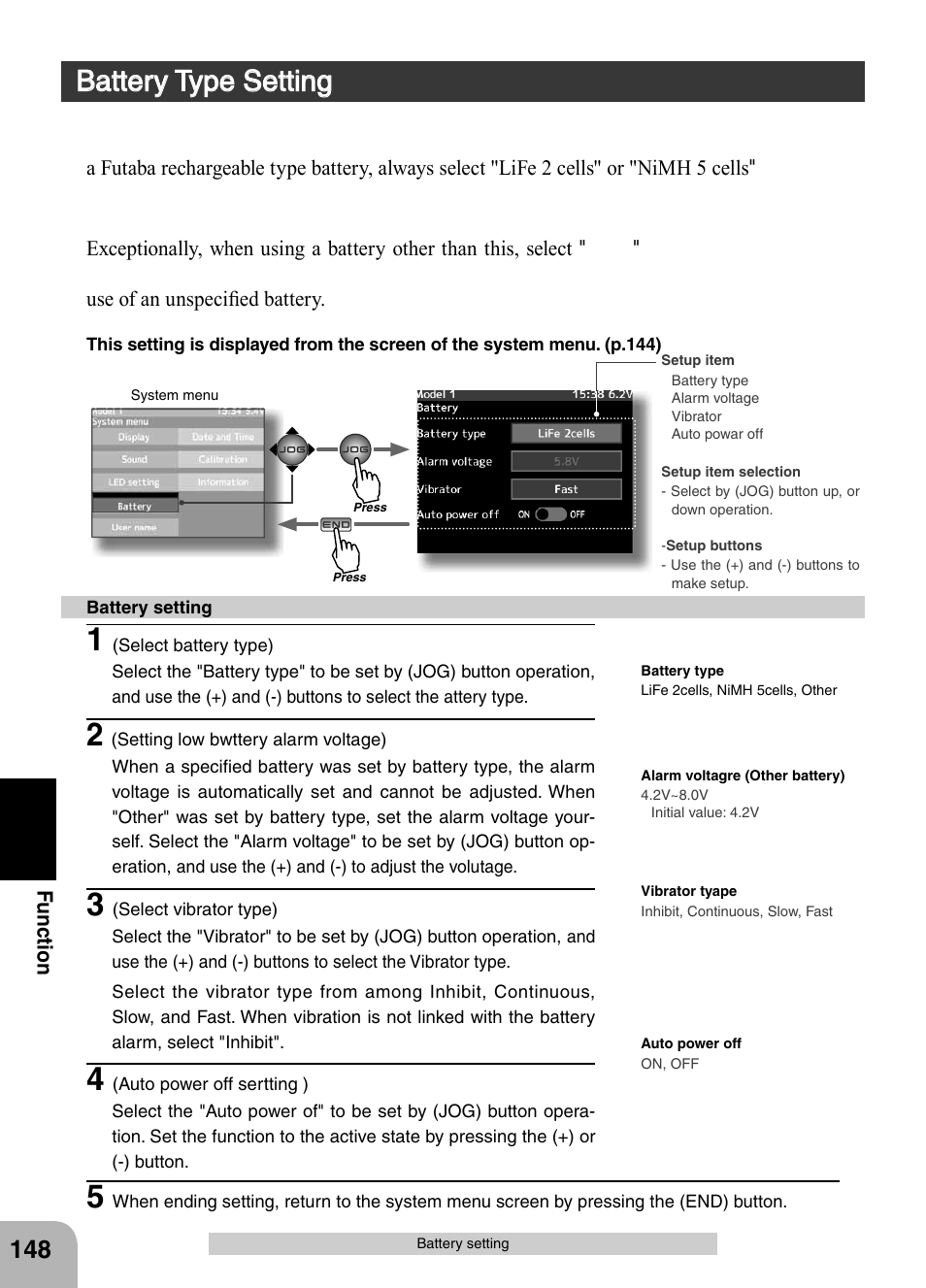 Battery type setting | Futaba 4PX 2.4GHz FASST T-FHSS S-FHSS User Manual | Page 148 / 164