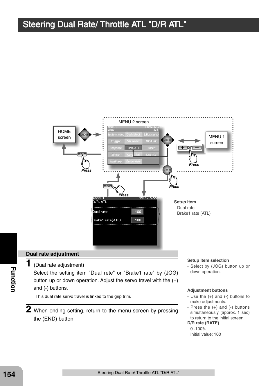 Steering dual rate/ throttle atl "d/r atl, Fu n c tio n | Futaba 4PX 2.4GHz FASST T-FHSS S-FHSS User Manual | Page 154 / 164
