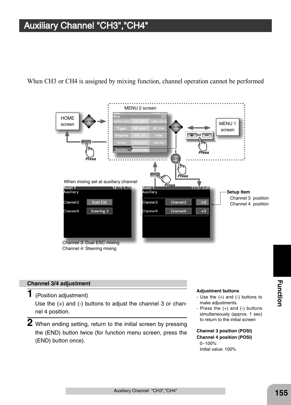 Auxiliary channel "ch3","ch4, Fu n c tio n | Futaba 4PX 2.4GHz FASST T-FHSS S-FHSS User Manual | Page 155 / 164