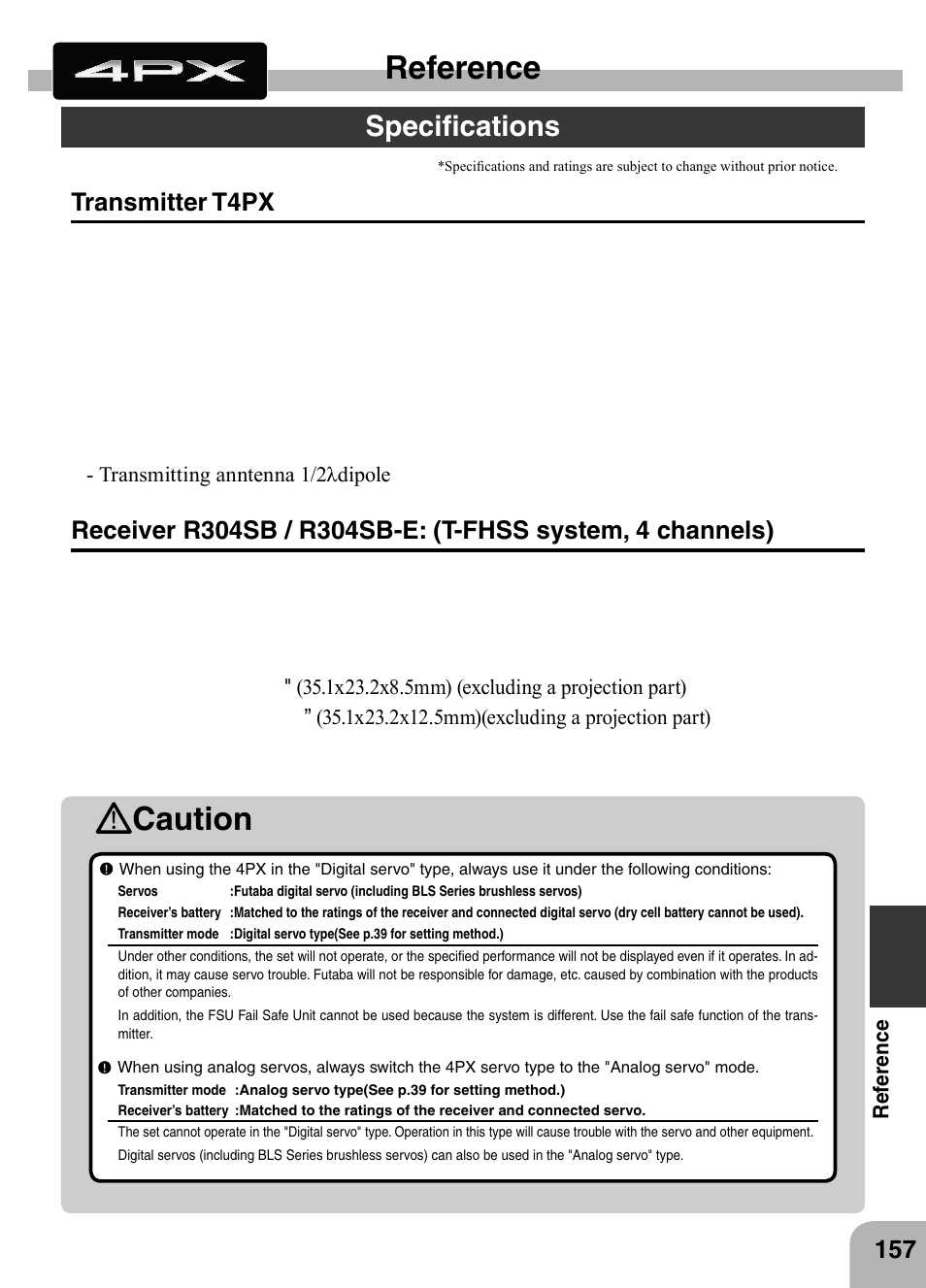 Caution reference, Speciﬁcations, Transmitter t4px | Futaba 4PX 2.4GHz FASST T-FHSS S-FHSS User Manual | Page 157 / 164