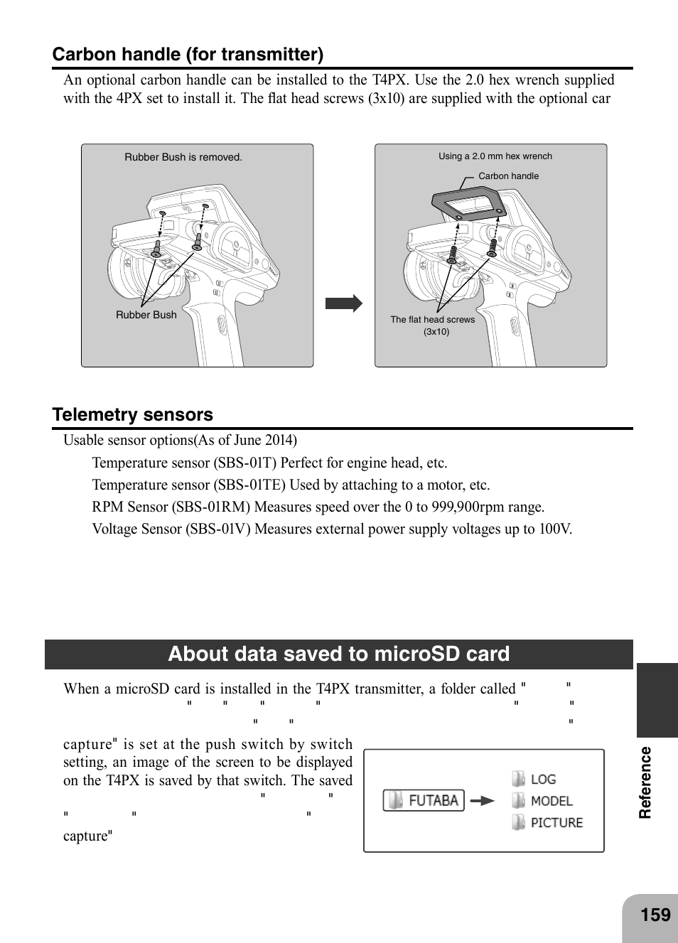 About data saved to microsd card, Carbon handle (for transmitter), Telemetry sensors | Futaba 4PX 2.4GHz FASST T-FHSS S-FHSS User Manual | Page 159 / 164