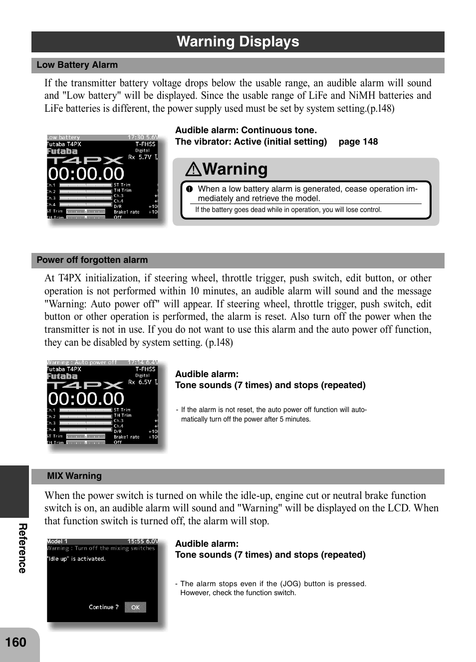 Warning, Warning displays | Futaba 4PX 2.4GHz FASST T-FHSS S-FHSS User Manual | Page 160 / 164