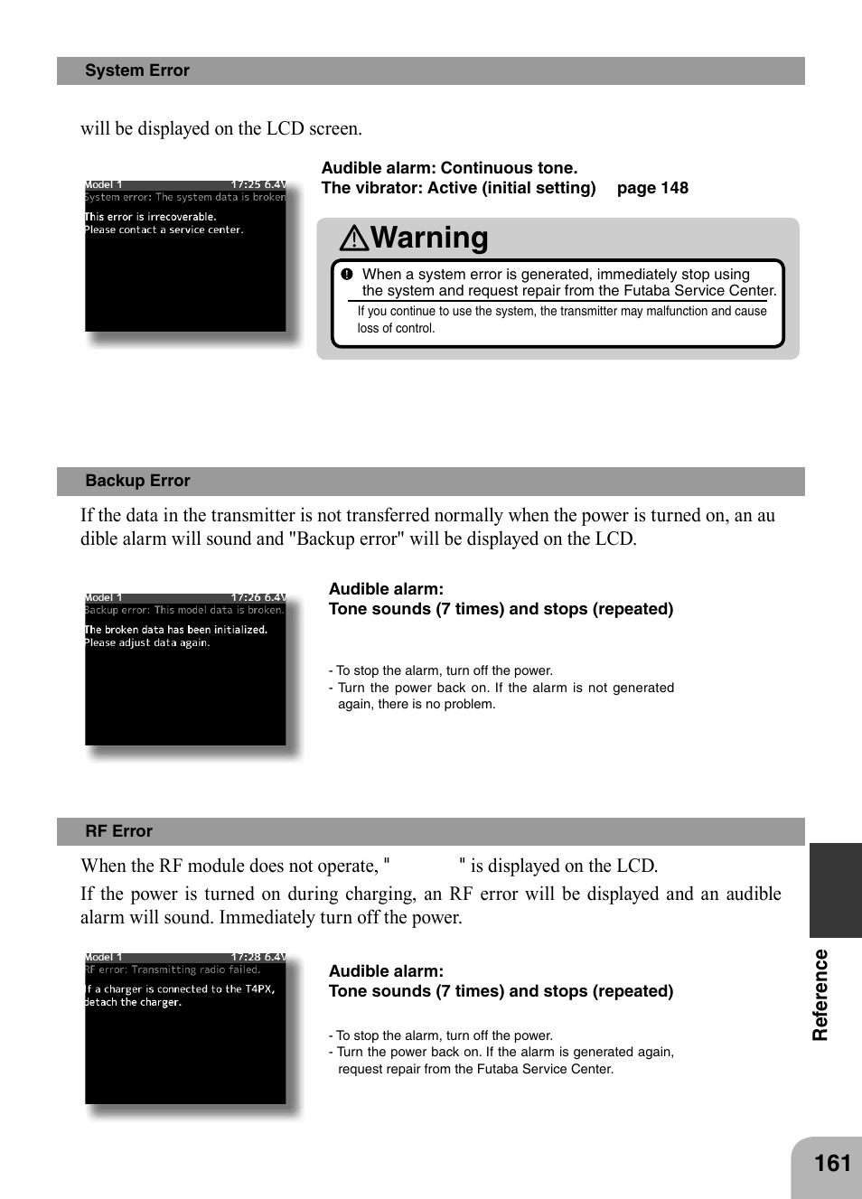Warning | Futaba 4PX 2.4GHz FASST T-FHSS S-FHSS User Manual | Page 161 / 164