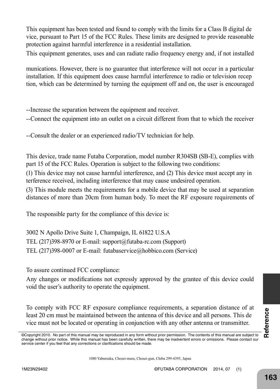 Compliance information statement (for u.s.a.), Caution, Exposure to radio frequency radiation | Futaba 4PX 2.4GHz FASST T-FHSS S-FHSS User Manual | Page 163 / 164