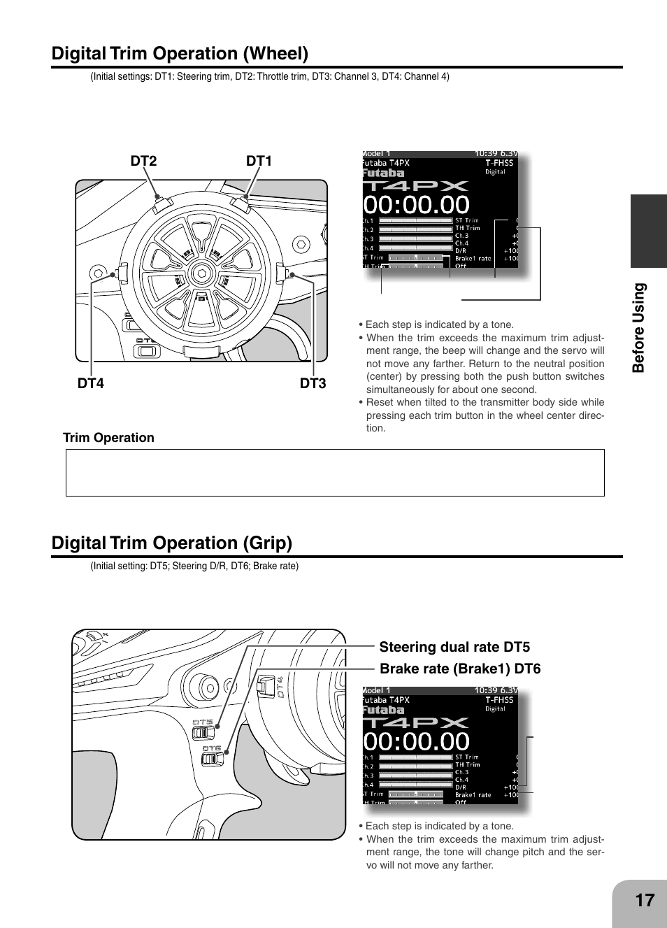 Digital trim operation (wheel), Digital trim operation (grip), Bef ore u s in g | Futaba 4PX 2.4GHz FASST T-FHSS S-FHSS User Manual | Page 17 / 164