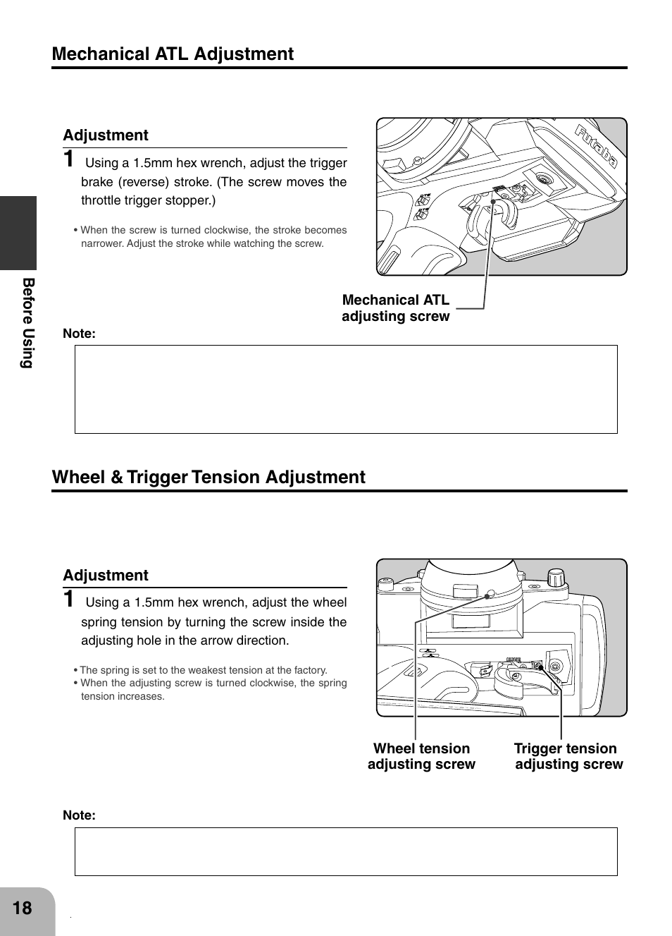 Mechanical atl adjustment, Wheel & trigger tension adjustment | Futaba 4PX 2.4GHz FASST T-FHSS S-FHSS User Manual | Page 18 / 164