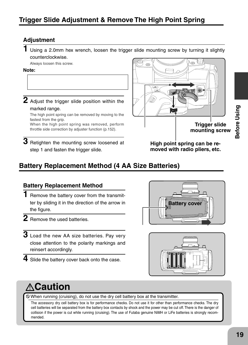Caution, Battery replacement method (4 aa size batteries) | Futaba 4PX 2.4GHz FASST T-FHSS S-FHSS User Manual | Page 19 / 164