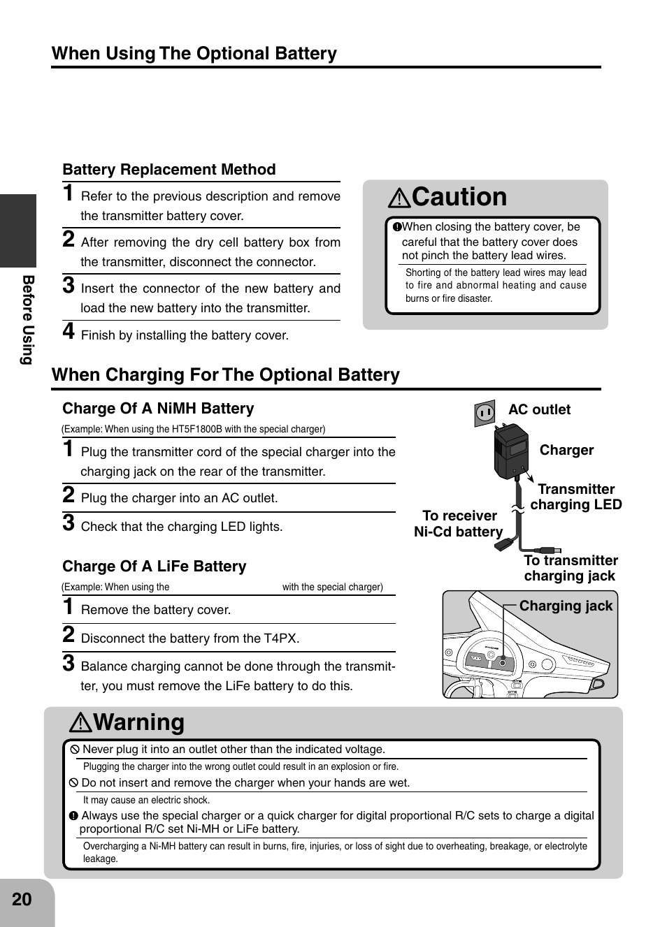 Caution, Warning | Futaba 4PX 2.4GHz FASST T-FHSS S-FHSS User Manual | Page 20 / 164