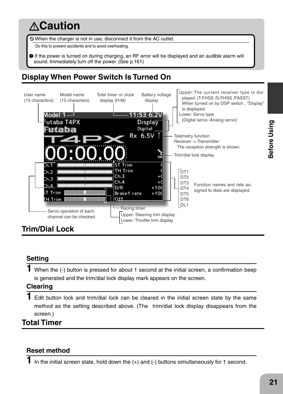 Caution, Display when power switch is turned on, Trim/dial lock | Total timer | Futaba 4PX 2.4GHz FASST T-FHSS S-FHSS User Manual | Page 21 / 164