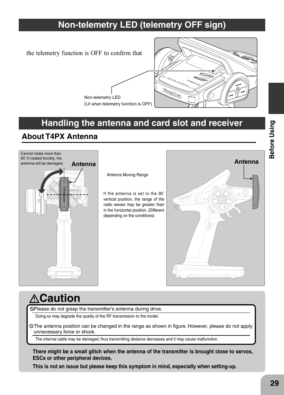 Caution, About t4px antenna | Futaba 4PX 2.4GHz FASST T-FHSS S-FHSS User Manual | Page 29 / 164