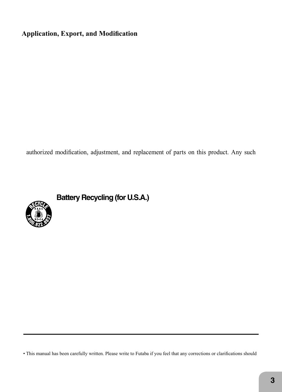 Battery recycling (for u.s.a.) | Futaba 4PX 2.4GHz FASST T-FHSS S-FHSS User Manual | Page 3 / 164