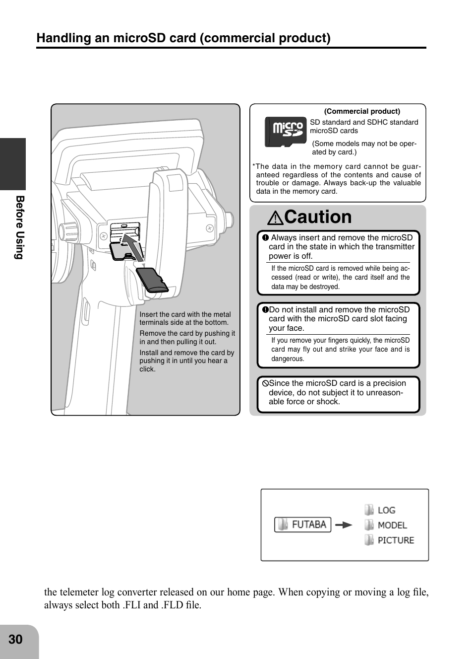 Caution, Handling an microsd card (commercial product), Bef ore u s in g | Futaba 4PX 2.4GHz FASST T-FHSS S-FHSS User Manual | Page 30 / 164