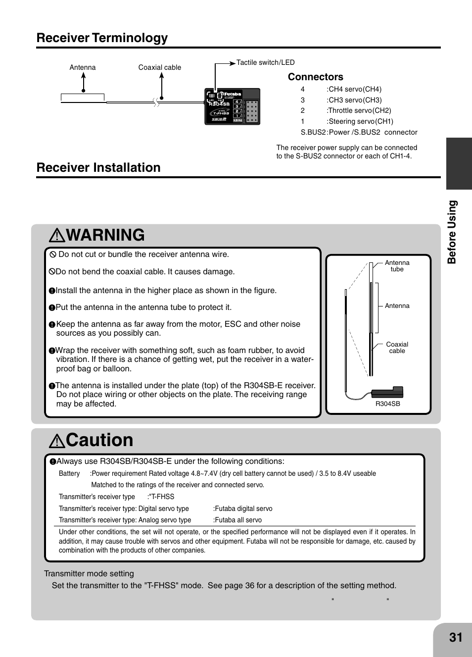 Caution, Warning, Receiver installation | Receiver terminology, Bef ore u s in g | Futaba 4PX 2.4GHz FASST T-FHSS S-FHSS User Manual | Page 31 / 164