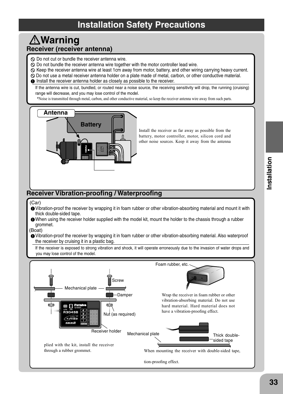 Warning, Installation safety precautions | Futaba 4PX 2.4GHz FASST T-FHSS S-FHSS User Manual | Page 33 / 164