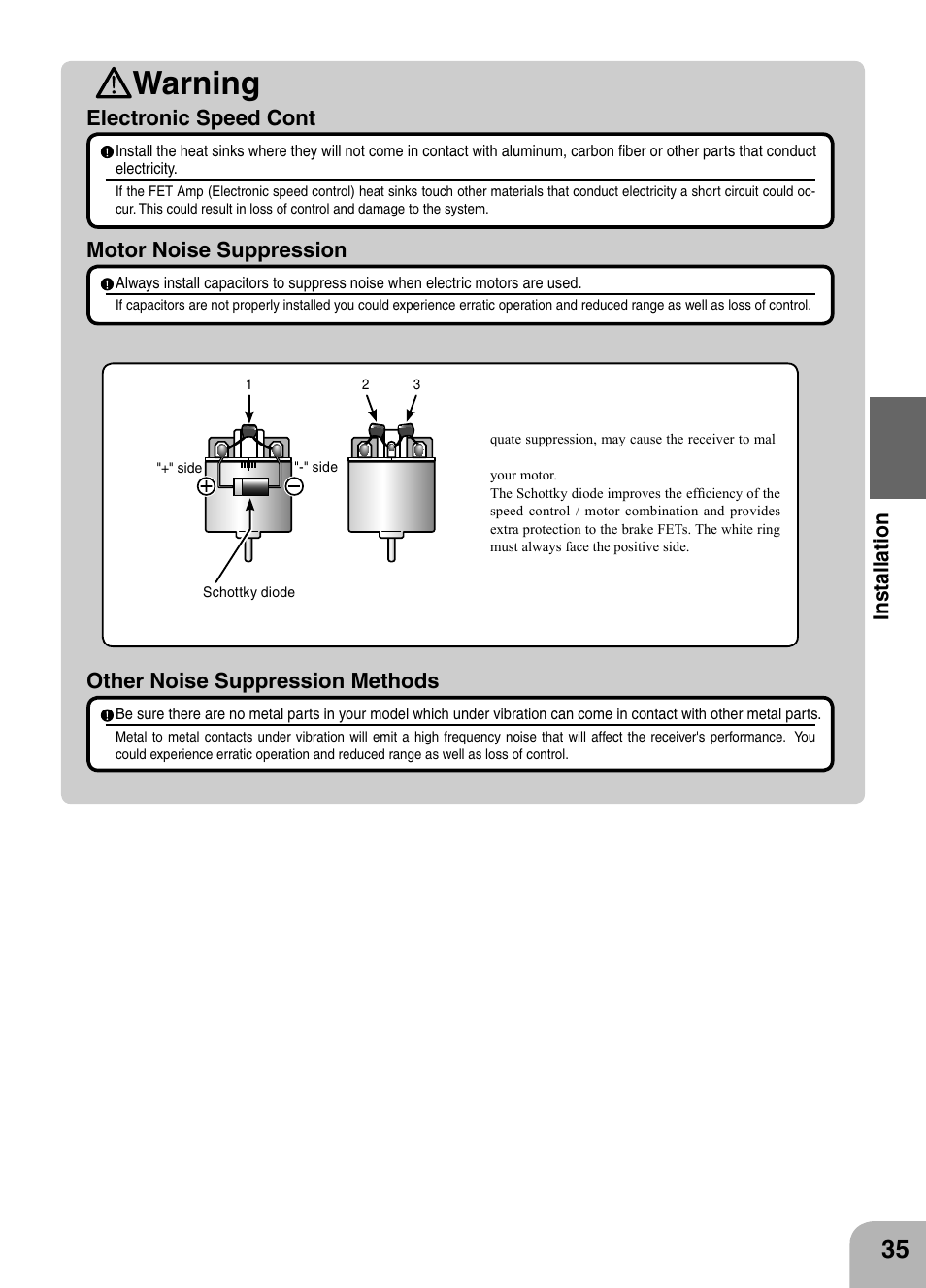 Warning, Electronic speed cont motor noise suppression, Other noise suppression methods | Futaba 4PX 2.4GHz FASST T-FHSS S-FHSS User Manual | Page 35 / 164