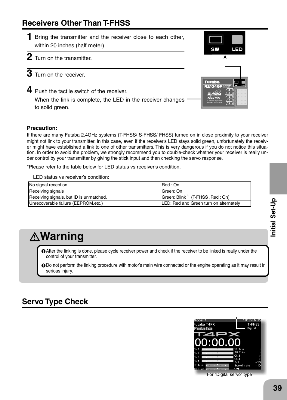 Warning, Receivers other than t-fhss, Servo type check | Futaba 4PX 2.4GHz FASST T-FHSS S-FHSS User Manual | Page 39 / 164
