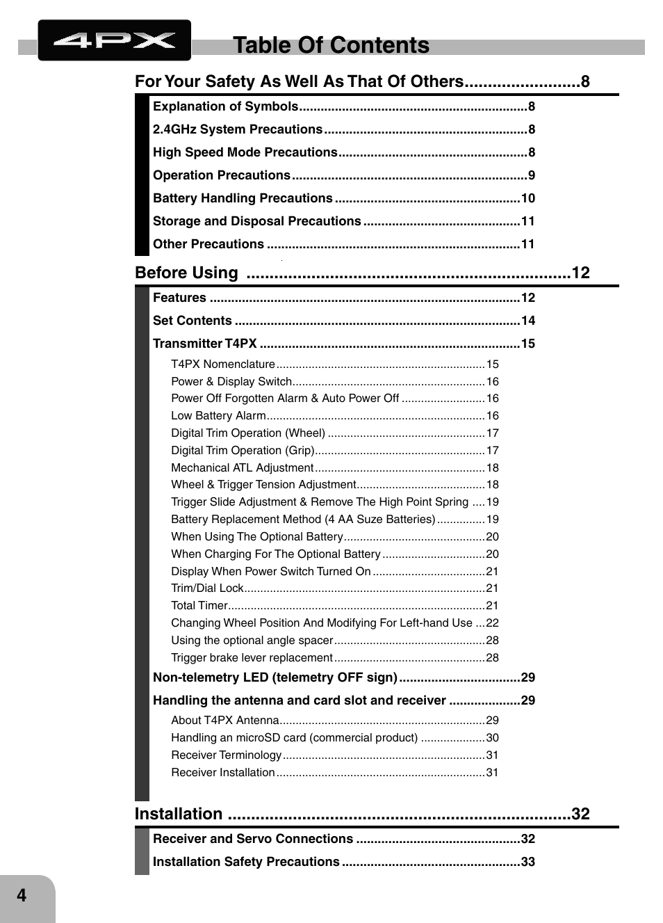 Futaba 4PX 2.4GHz FASST T-FHSS S-FHSS User Manual | Page 4 / 164