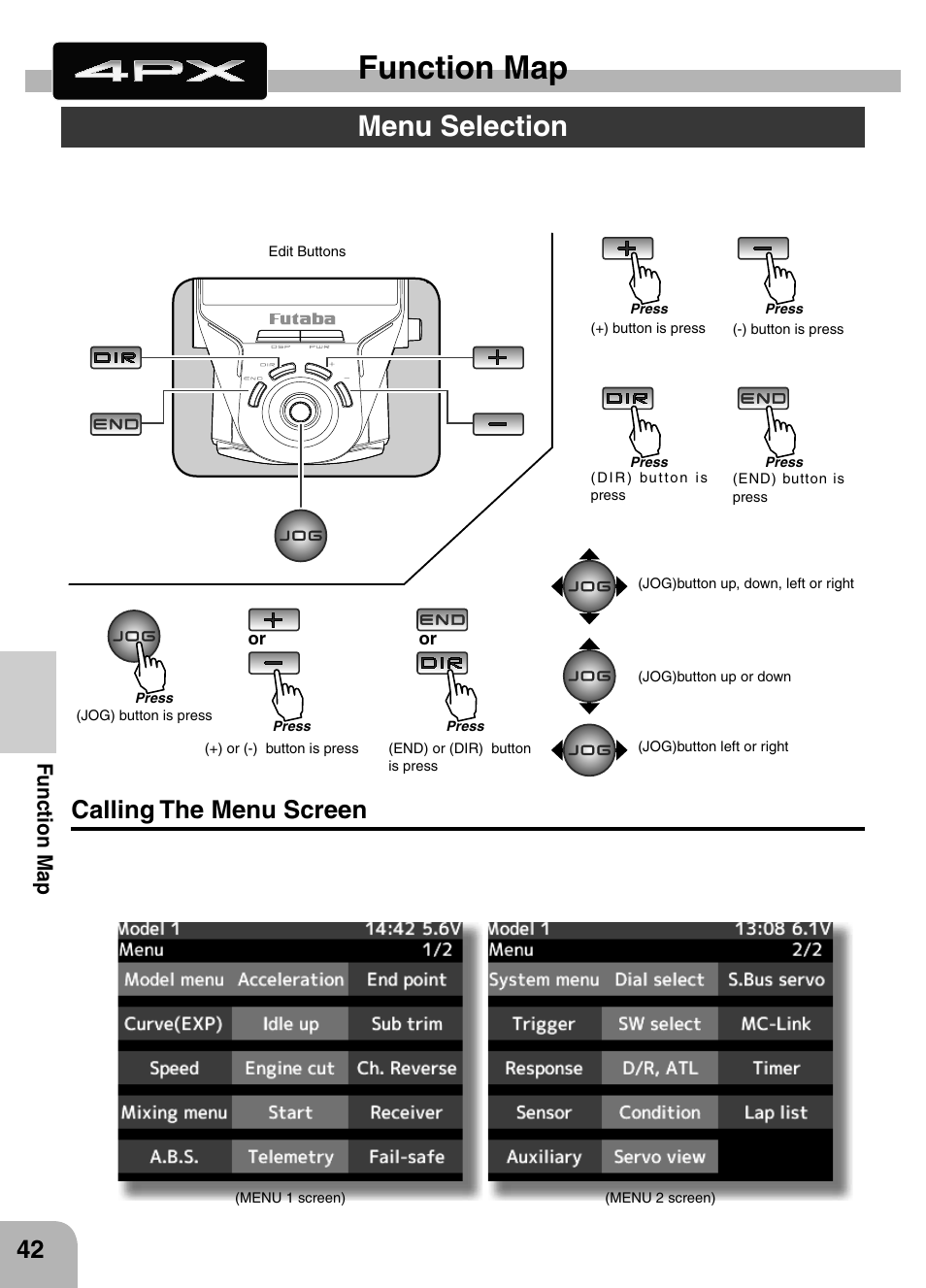 Function map, Menu selection, Calling the menu screen | Futaba 4PX 2.4GHz FASST T-FHSS S-FHSS User Manual | Page 42 / 164