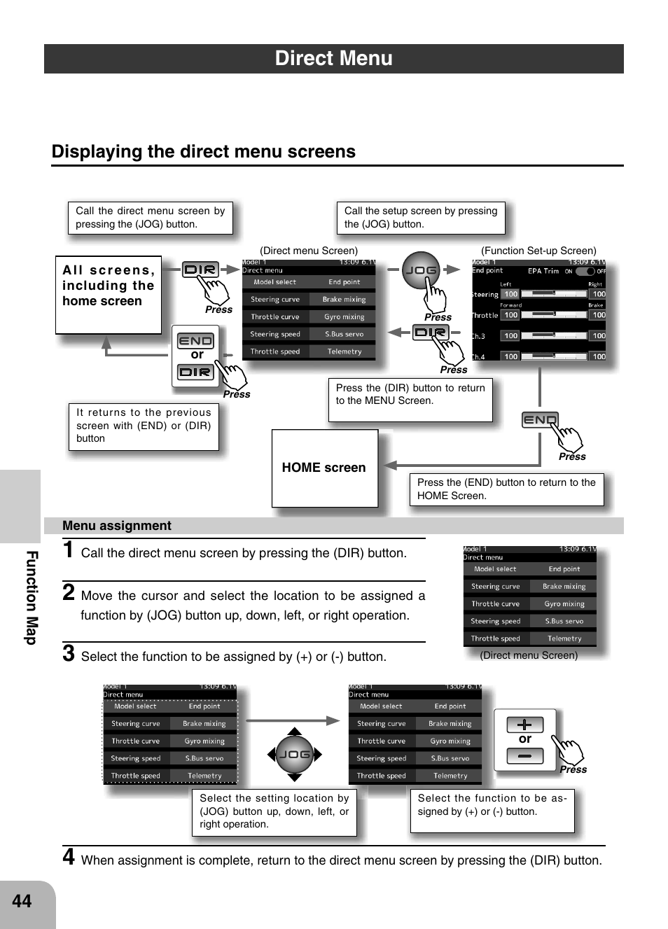 Direct menu, Displaying the direct menu screens | Futaba 4PX 2.4GHz FASST T-FHSS S-FHSS User Manual | Page 44 / 164