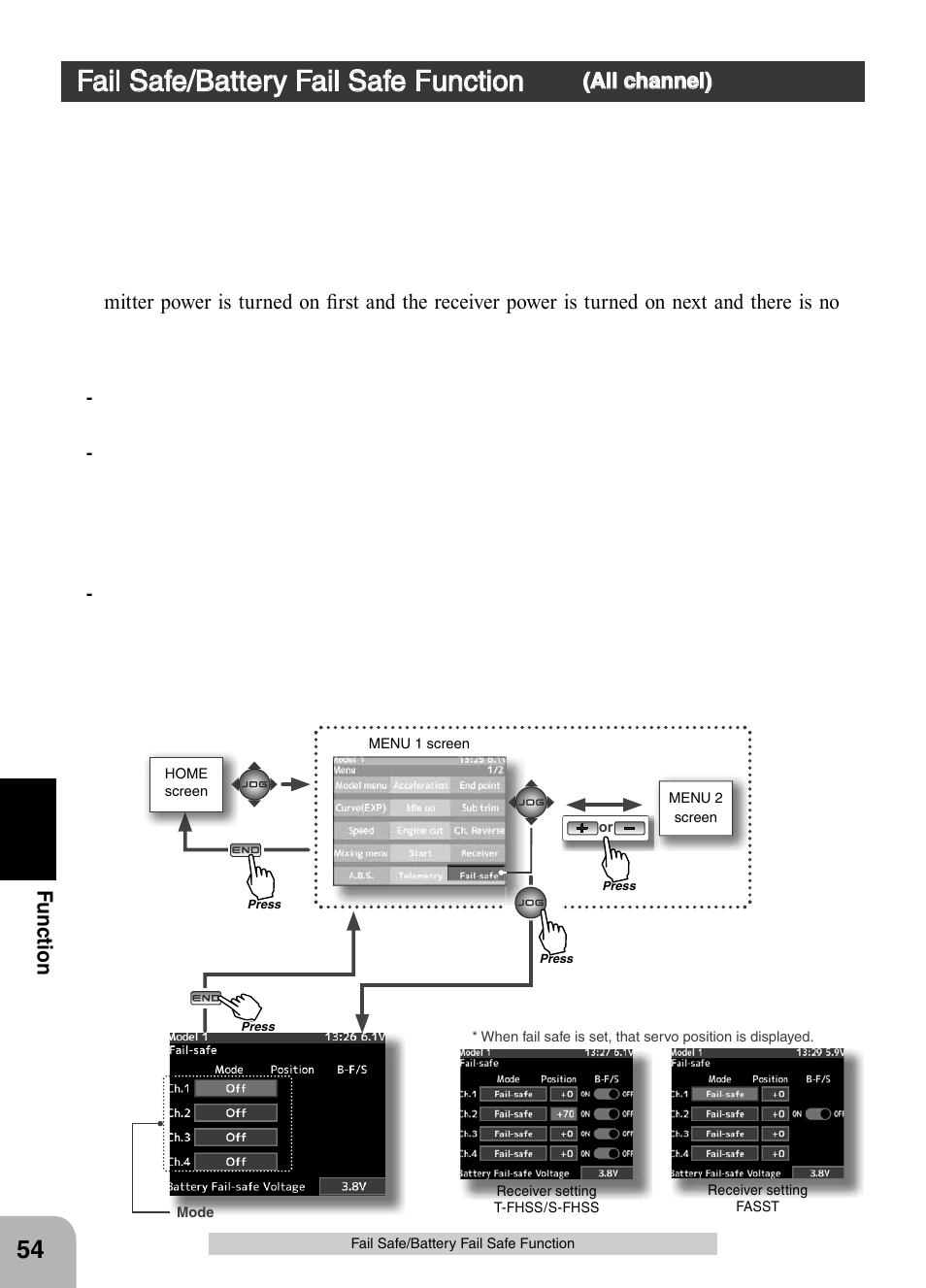 Fail safe/battery fail safe function, Fu n c tio n | Futaba 4PX 2.4GHz FASST T-FHSS S-FHSS User Manual | Page 54 / 164