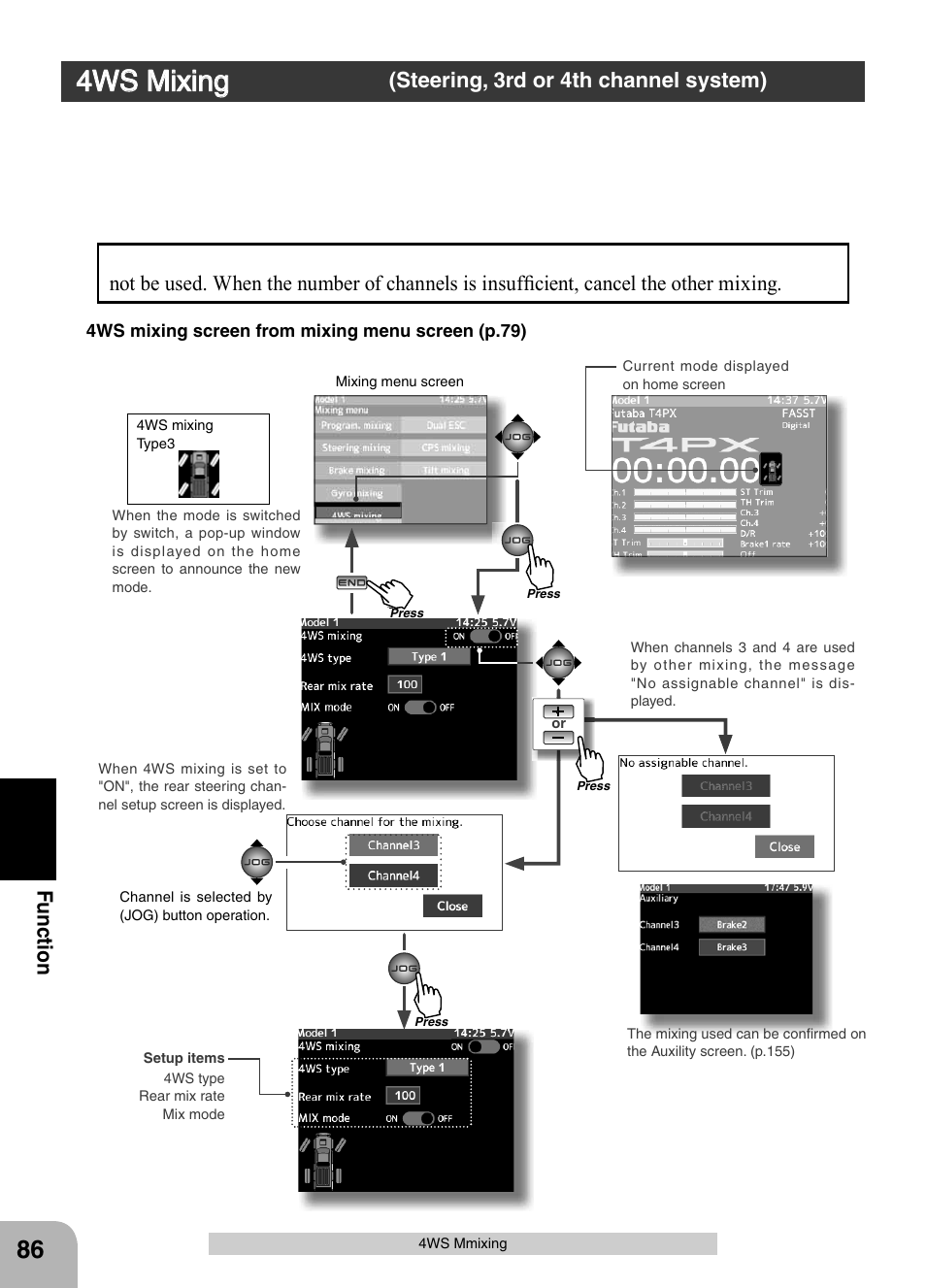 4ws mixing, Fu n c tio n, Steering, 3rd or 4th channel system) | Futaba 4PX 2.4GHz FASST T-FHSS S-FHSS User Manual | Page 86 / 164