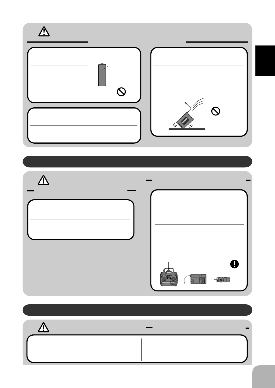 Caution, Cautions, Warning | Other precautions, Storage and disposal precautions, Prohibited items, Mandatory items | Futaba 4VF User Manual | Page 7 / 23