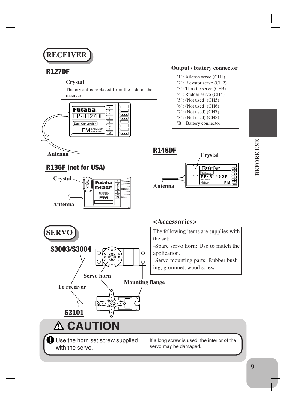 Caution, Receiver, Servo | R127df, R136f (not for usa), Accessories, R148df | Futaba 4YBF User Manual | Page 10 / 21