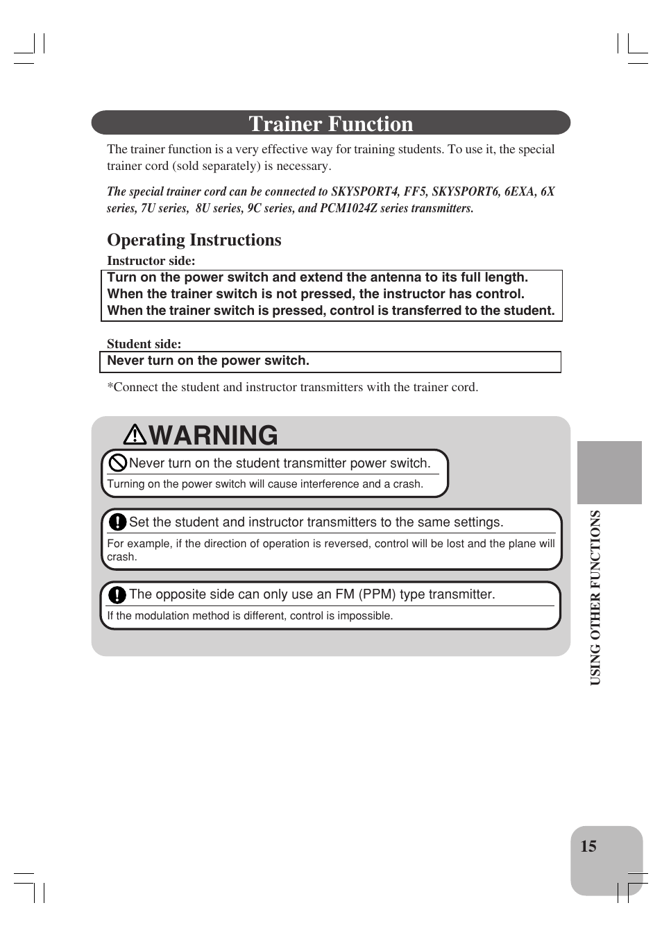 Warning, Trainer function, Operating instructions | Futaba 4YBF User Manual | Page 16 / 21