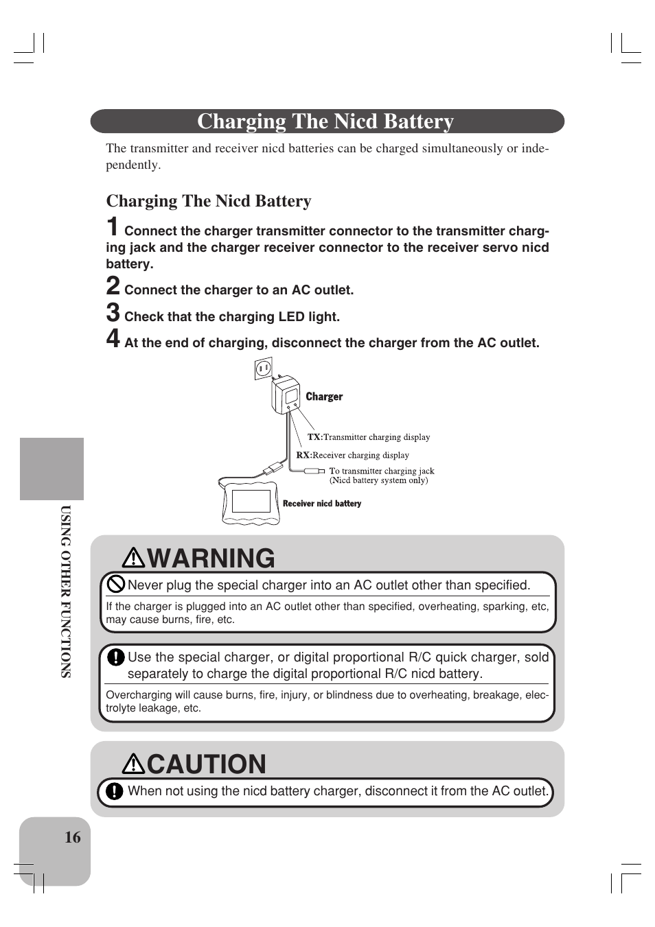 Warning, Caution, Charging the nicd battery | Futaba 4YBF User Manual | Page 17 / 21