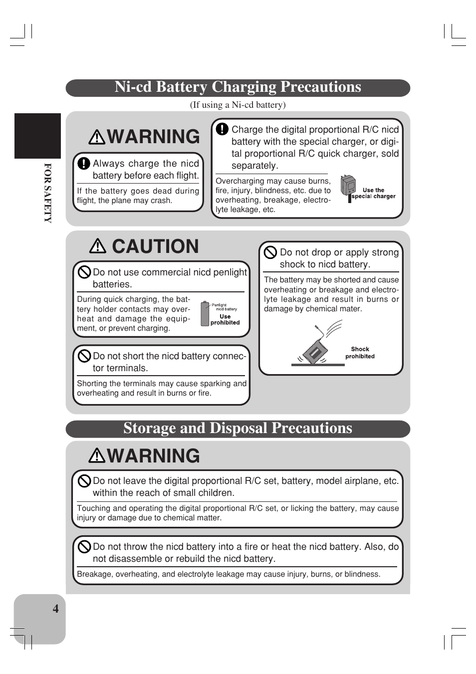 Warning, Caution, Ni-cd battery charging precautions | Storage and disposal precautions | Futaba 4YBF User Manual | Page 5 / 21