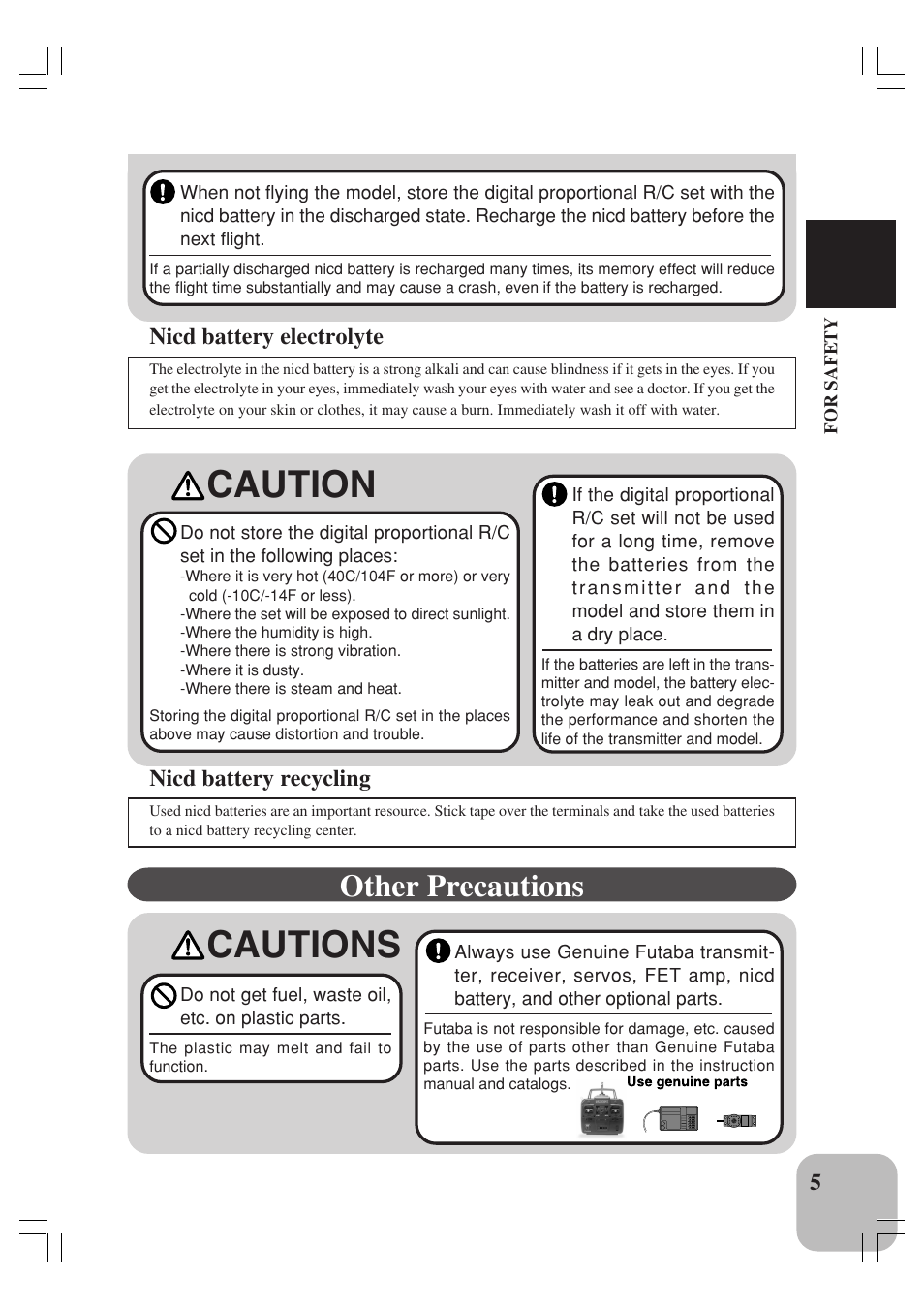 Caution, Cautions, Other precautions | Nicd battery recycling, Nicd battery electrolyte | Futaba 4YBF User Manual | Page 6 / 21