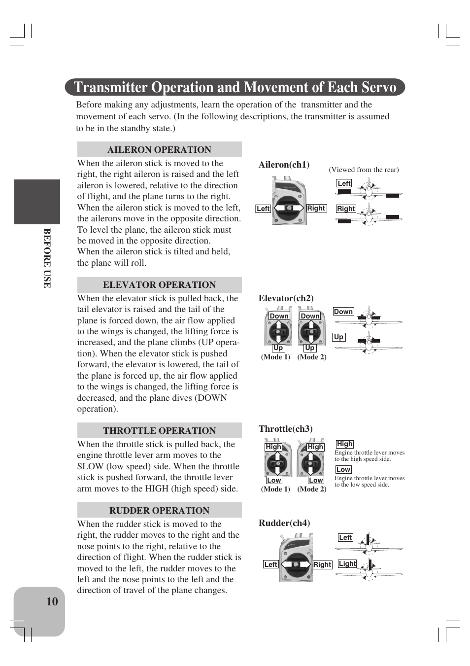 Transmitter operation and movement of each servo | Futaba 4YF User Manual | Page 11 / 21