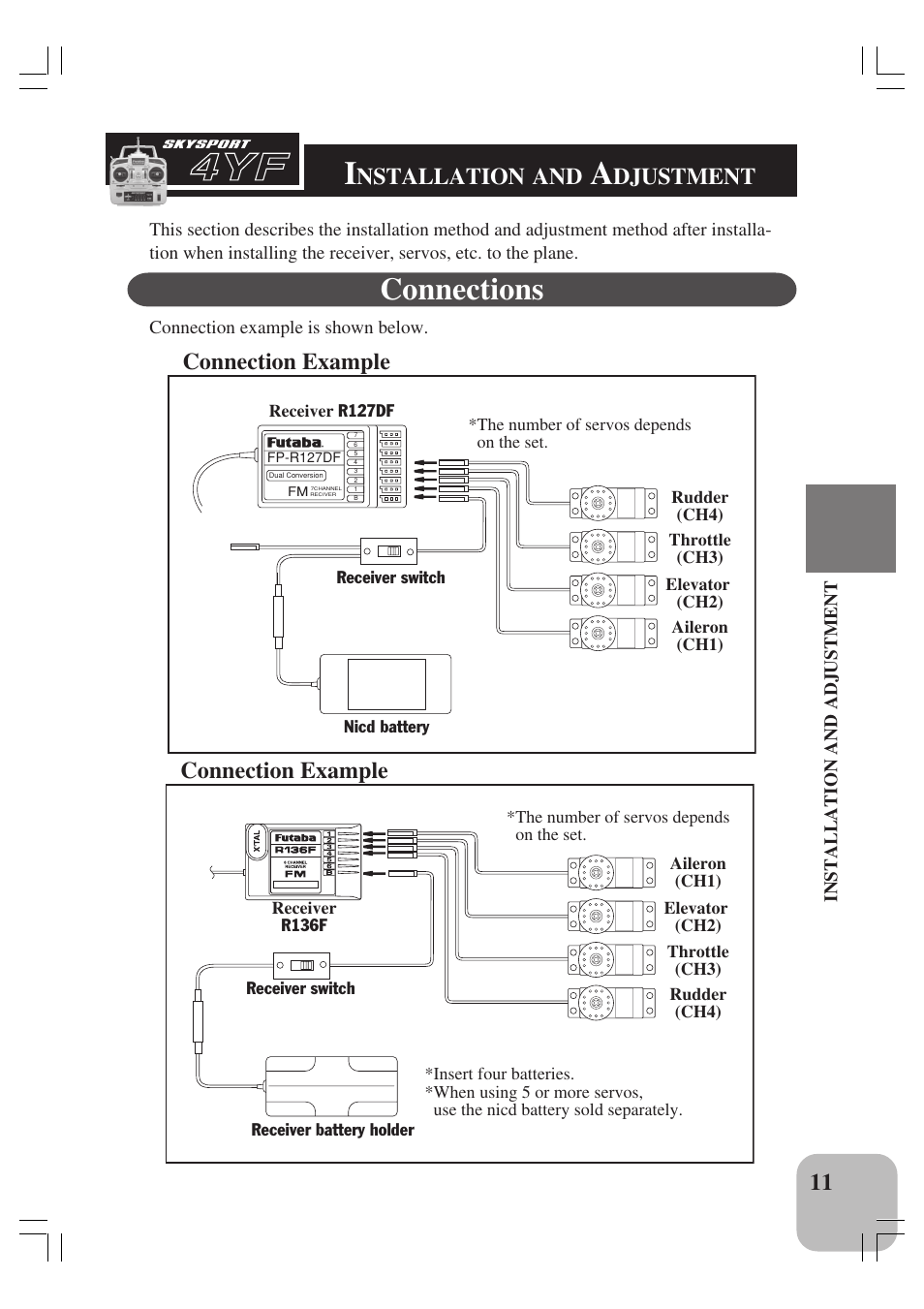 Connections, Nstallation, Djustment | Connection example | Futaba 4YF User Manual | Page 12 / 21
