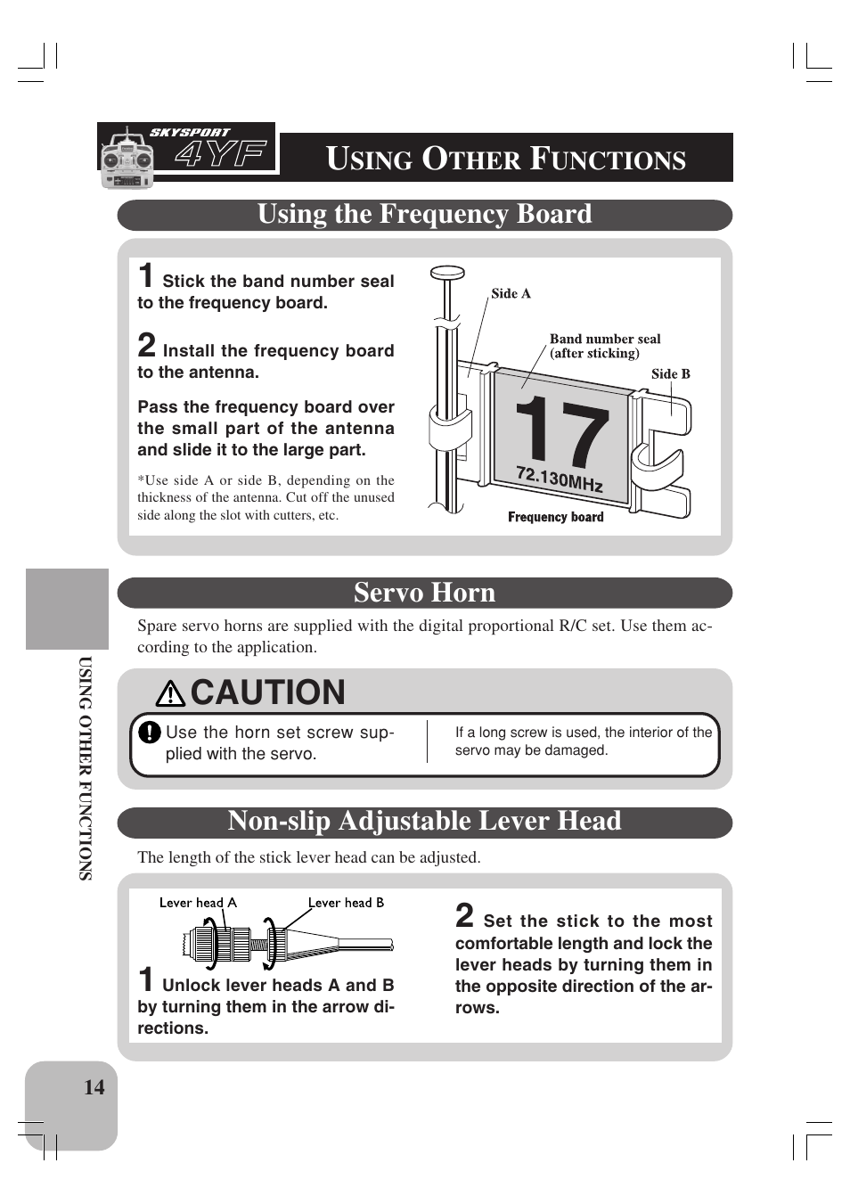 Caution, Using the frequency board, Servo horn | Non-slip adjustable lever head | Futaba 4YF User Manual | Page 15 / 21